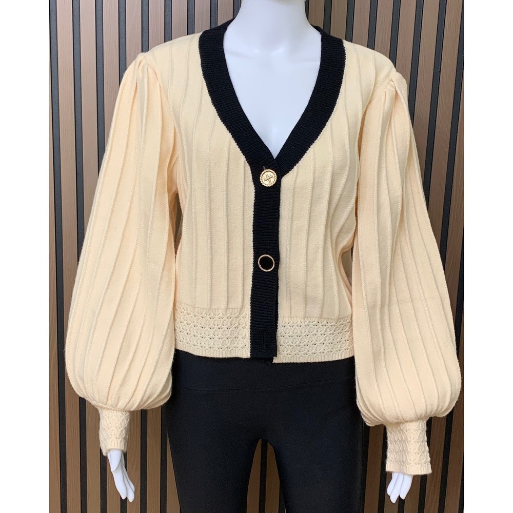 THML Cream Black Contrast Balloon Sleeve Knit Cardigan Gold Button Top Large